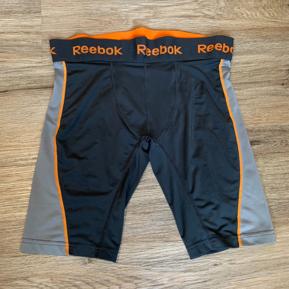 Reebok Mens Compression Shorts Black Grey Orange Athletic Gym - Fits Medium